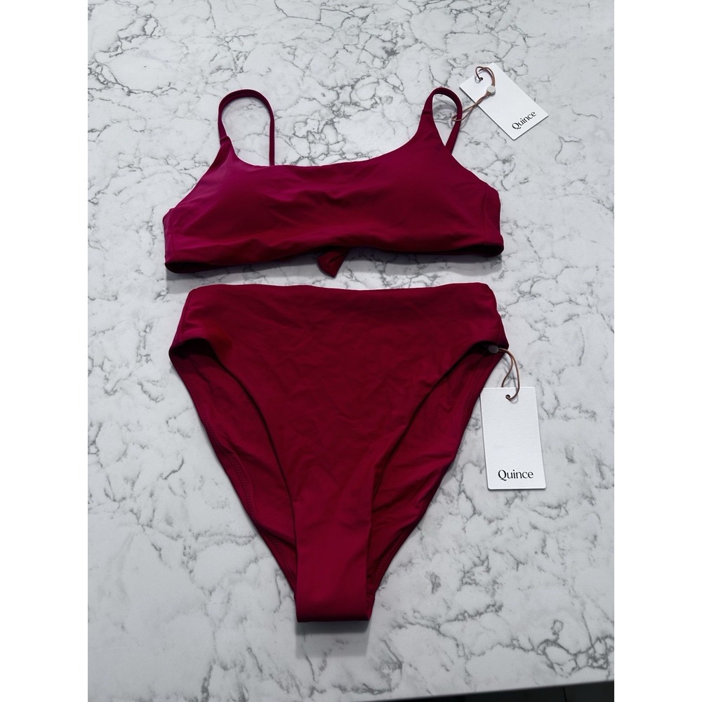 NWT Quince Cherry Red Italian Scoop Neck Bikini Top & High Rise High Leg Bottom